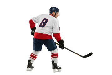 Ice hockey player in white jersey skating with stick isolated on white