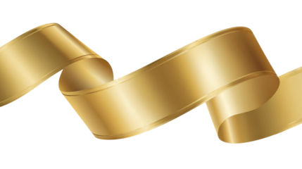 Elegant golden ribbon banner flowing and twisting across a transparent background, symbolizing achievement, celebration, award, luxury, premium quality, or festive announcement
