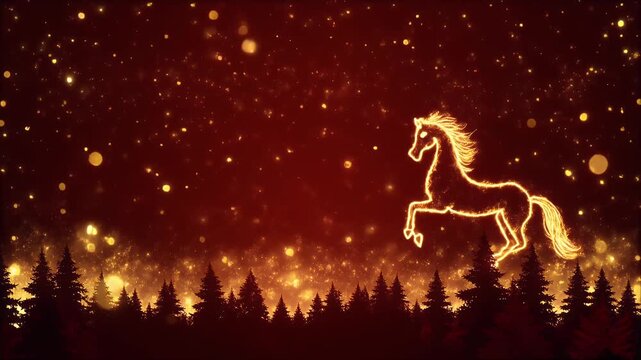 Majestic golden glowing horse leaping over a mystical pine forest under a sky of sparkling bokeh lights