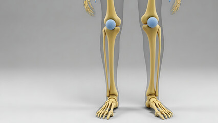 Detailed three-dimensional medical illustration showcasing the human leg skeletal system, emphasizing the knee joints and lower limb bone structure for anatomical study