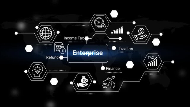 this image depicts a conceptual network illustrating global income tax enterprise finance and incentive programs with connected icons and a world map backdrop high quality professional
