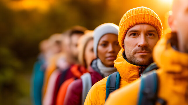 Unity on the Trail: A determined group of hikers stands in a photorealistic line, unified in their pursuit of adventure, bathed in the warmth of the setting sun.