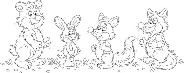 Funny bear, hare, fox and wolf from a fairytale forest, a set of black and white outlined vector cartoon illustrations