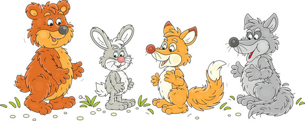 Funny bear, hare, fox and wolf from a fairytale forest, a set of vector cartoon illustrations on a white background