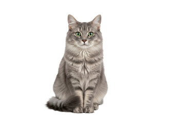 Fototapeta premium Gray cat with long fur and green eyes sitting in symmetrical pose, looking alert and calm, isolated on transparency background with sharp focus and detailed texture