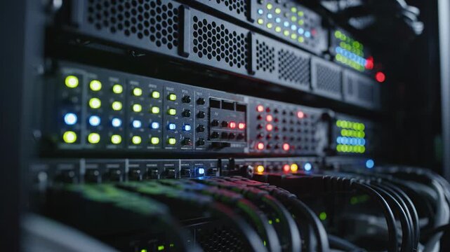 Dramatic close-up view of heavily blinking and failing indicator lights on a massive server rack within a dark data center environment network, machine, abstract concept