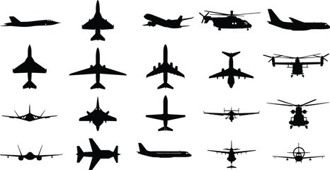 PrintAircraft silhouette icon set, jet plane vector, helicopter graphic illustration, propeller design outline, aviation technology, flight symbol, aerospace transport