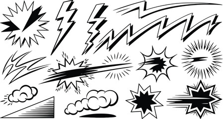 Comic Book Action Elements, Lightning Bolts, Explosions, and Speed Lines Vector Set