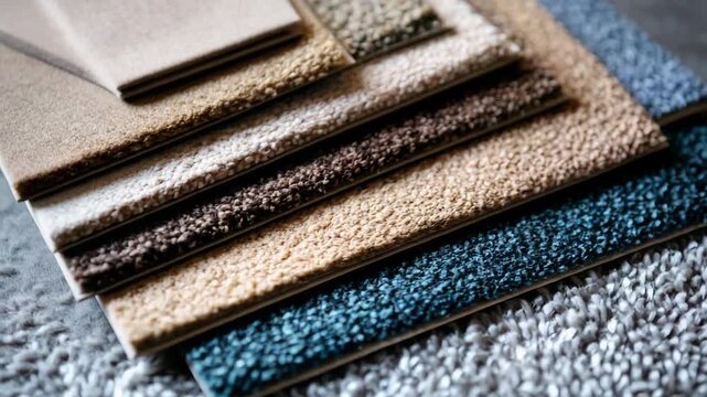 Different colors and textures of carpet samples arranged on a surface in a design studio during the daytime