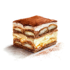 Watercolor illustration of Tiramisu Cake, vector artwork, isolated on white background.
