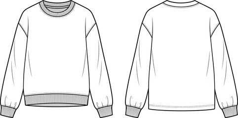PrintOversized Crewneck Sweatshirt Flat Technical Sketch Template for Fashion Design, Casual Apparel Vector Illustration, Raglan Sleeve, Ribbed Cuff and Hem, Front and Back View © MstMahannahara