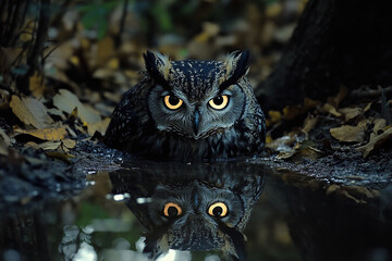 An owl reflection in puddle under the moonlight, creating mystical vibe
