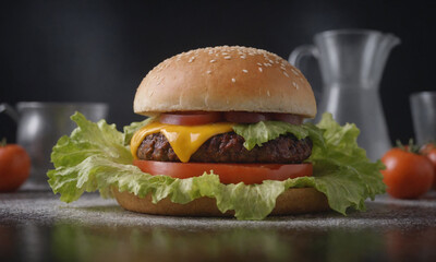 Juicy burger with cheese, lettuce, tomato, and onion on a wooden table with water pitchers and tomatoes in the background Generative AI