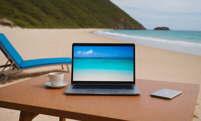 Working on a laptop at a beachside table under clouds with a view of turquoise water and distant hills during daylight hours Generative AI