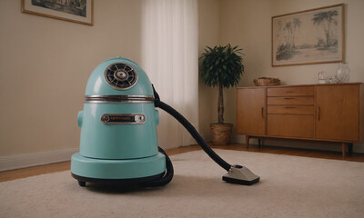 Vacuum cleaner on a rug in a living room space with a plant and furniture in the background in daylight hours Generative AI