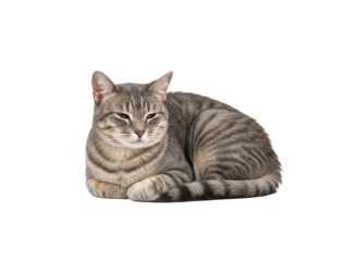 Realistic gray cat lying down with striped fur and relaxed expression isolated on transparency background, showing detailed texture and natural pose in centered composition