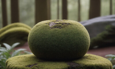 Circular moss-covered stone sits on wooden surface in natural setting during daytime with soft light filtering through trees Generative AI