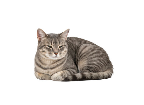 Realistic gray cat lying down with striped fur and relaxed expression isolated on transparency background, showing detailed texture and natural pose in centered composition
