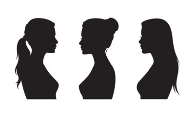 Diverse female silhouettes profile views showing different hairstyles and features white background	