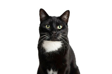 Black tuxedo cat with white chest and paws sitting and looking at camera with green eyes, sharp focus showing realistic fur texture and clean background