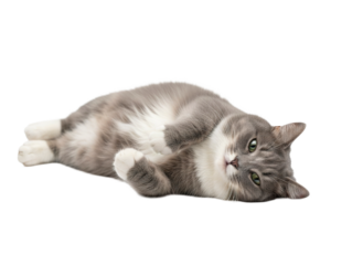 Adorable grey cat lying on its back showing soft belly and cute expression with green eyes and white paws in relaxed pose