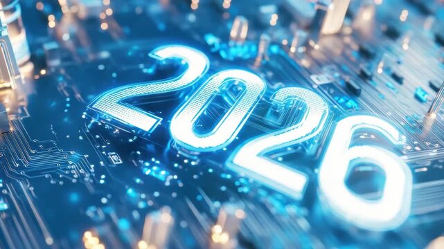 2026: A visual representation of the year 2026, rendered with futuristic flair on a circuit board background, symbolizing innovation and technological advancements. 