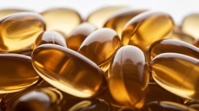 Close-up of golden translucent omega-3 fish oil capsules, health supplements for well-being.