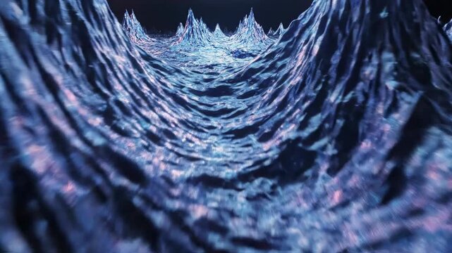 Dramatic deep three-dimensional abstract wave pattern with sharp peaks and dark valleys illuminated by intense iridescent blue and purple light peaks, surface, shadow