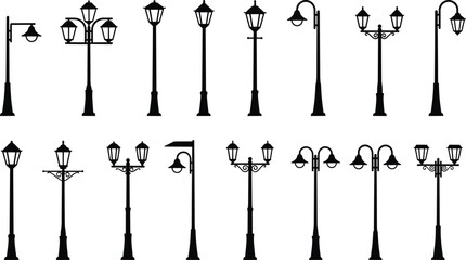PrintVariety of Vintage and Modern Street Light Silhouettes Vector Set, Featuring Detailed Outdoor Lampposts for Urban and Architectural Design.