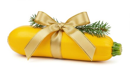 Yellow zucchini decorated with a golden ribbon and pine sprig, creative food presentation