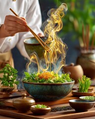 Gourmet Culinary Presentation with Smoky Herb Salad and Caviar