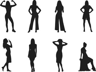 PrintWomen's fashion and posing black silhouettes set, diverse group of standing and sitting ladies in different casual and elegant attire, vector collection for style and feminine design projects.