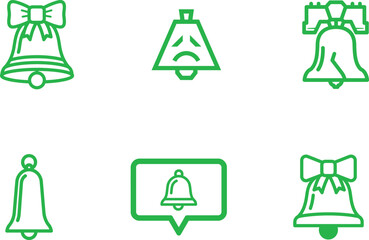 Collection of diverse green outline bell icons representing notifications alerts festive greetings and sound symbols in a modern vector style © Saidurra12