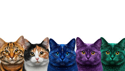 Set of five cat heads with diverse colors and patterns including orange tabby, calico, blue, purple, and green, each showing detailed fur texture and expressive eyes in row