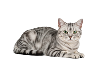 Silver tabby cat lying down with focused green eyes and elegant posture isolated on transparency background, showing detailed fur pattern and calm expression
