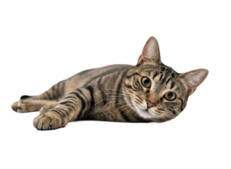 Tabby cat with striped fur lies down in relaxed pose, looking directly with expressive eyes and perked ears, showing calm and curiosity in its natural state