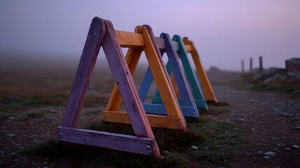 Colorful wooden A frame structures arranged on a foggy path during twilight