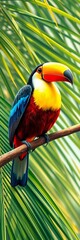 Fototapeta premium Colorful toucan perched on a palm branch, bright tropical bird illustration, illustration, cute