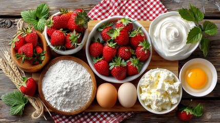 Fresh Ingredients for Strawberry Dessert with Cream and Eggs on Rustic Table