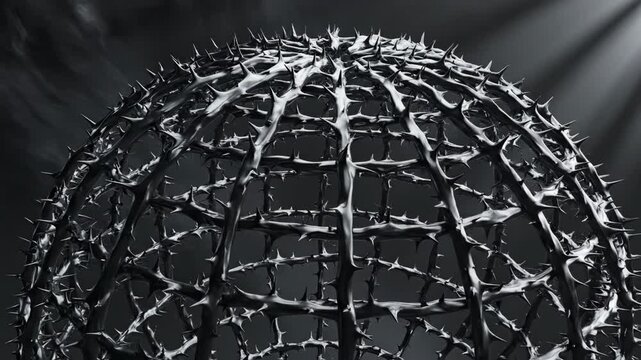 Dramatic digital animation of sharp, stylized black thorns aggressively sprouting and coiling together to form an intricate, powerful, abstract cage structure conceptual, vines, coiling together