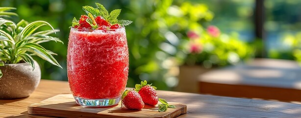 Refreshing Strawberry Mint Smoothie in a Sunny Garden Setting