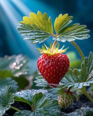 Close-Up of Vibrant Ripe Strawberry with Dewdrops in Sunlit Garden