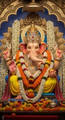 Fototapeta premium Dagdusheth Lord Ganesha Idol. Realistic Temple Background With Copy Space.