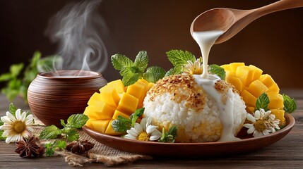 Delicious Thai Mango Sticky Rice Dessert with Coconut Milk and Fresh Mint
