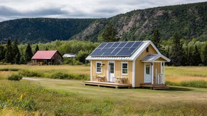 Rural Retreat: A charming, yellow house with a solar panel roof, perfectly embodying sustainable living, nestles within a picturesque meadow, backed by gentle hills and a tranquil landscape.