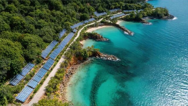 Coastal Harmony: A stunning coastal landscape showcases a resort nestled along a pristine shoreline, harmonizing with nature's beauty and providing a glimpse into sustainable living.
