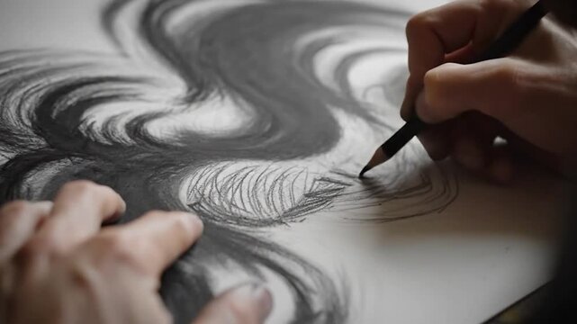 Artist hand drawing charcoal sketch on paper art creation process