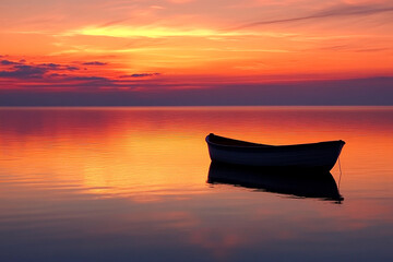 boat floating on still water, silhouetted against fiery orange and pink sunset