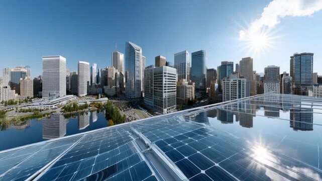 Sustainable Metropolis: A modern cityscape, reflecting in the glassy surface of solar panels, symbolizes a commitment to sustainable energy and urban development, set against a bright, sunny sky.