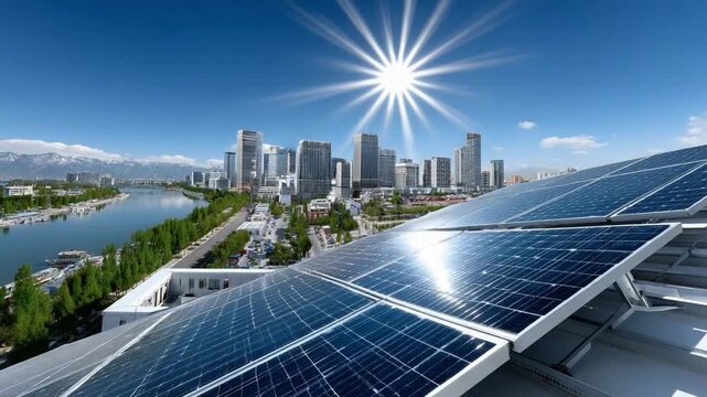 Sun-Kissed Cityscape: A modern cityscape blends seamlessly with renewable energy, as solar panels gleam beneath the radiant sun, symbolizing a sustainable future.